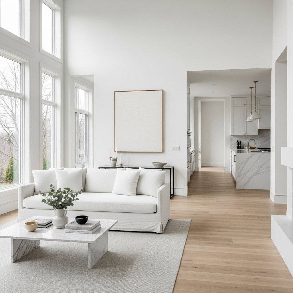 Minimalist White Open Concept Living Room