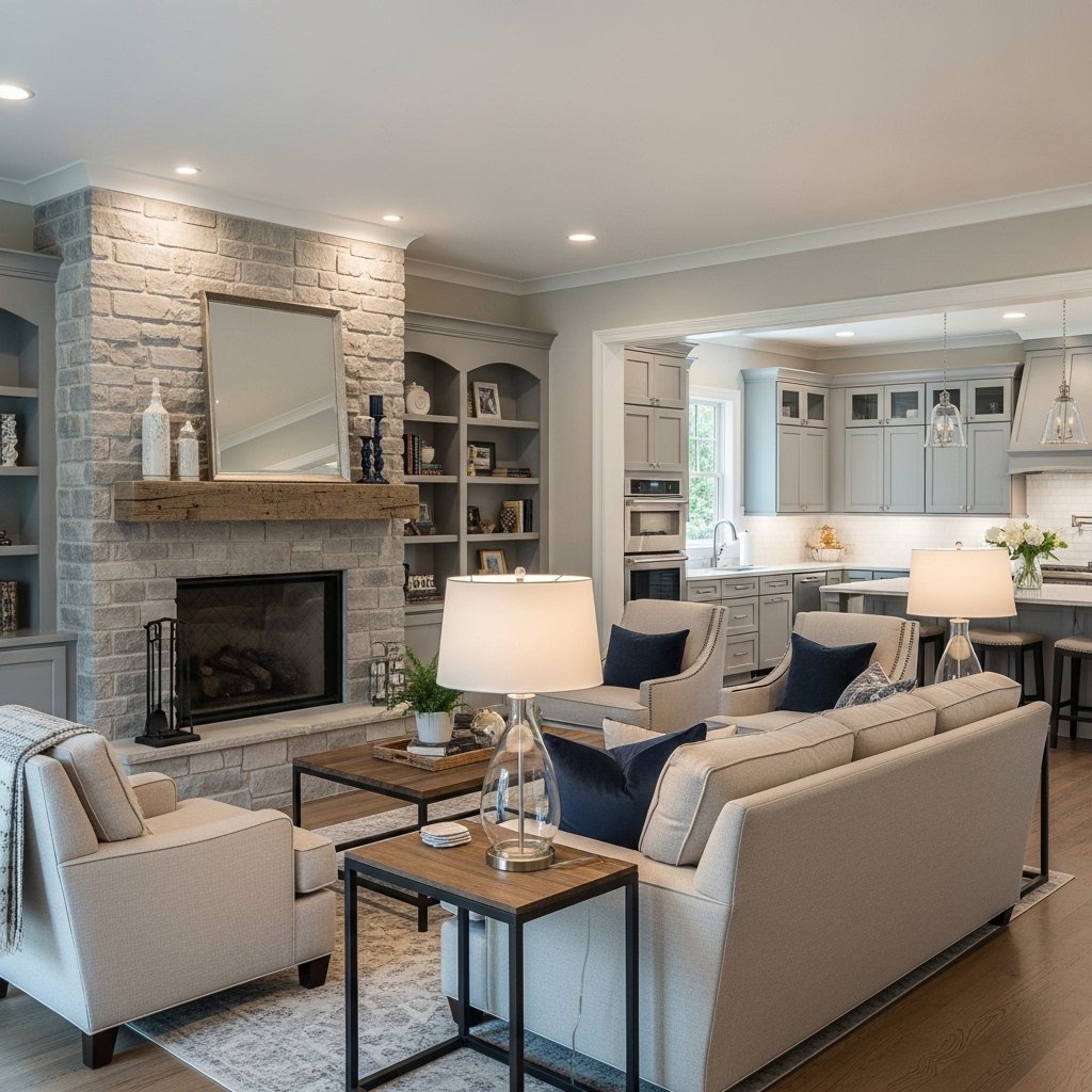 Transitional Open Concept with Fireplace Focus