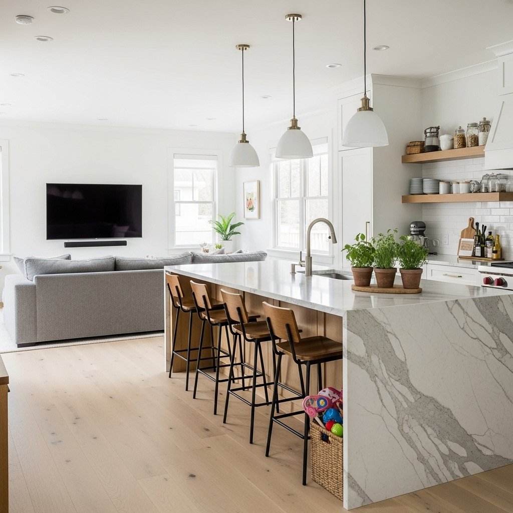 Open Concept Living Room with Kitchen Island as Divider