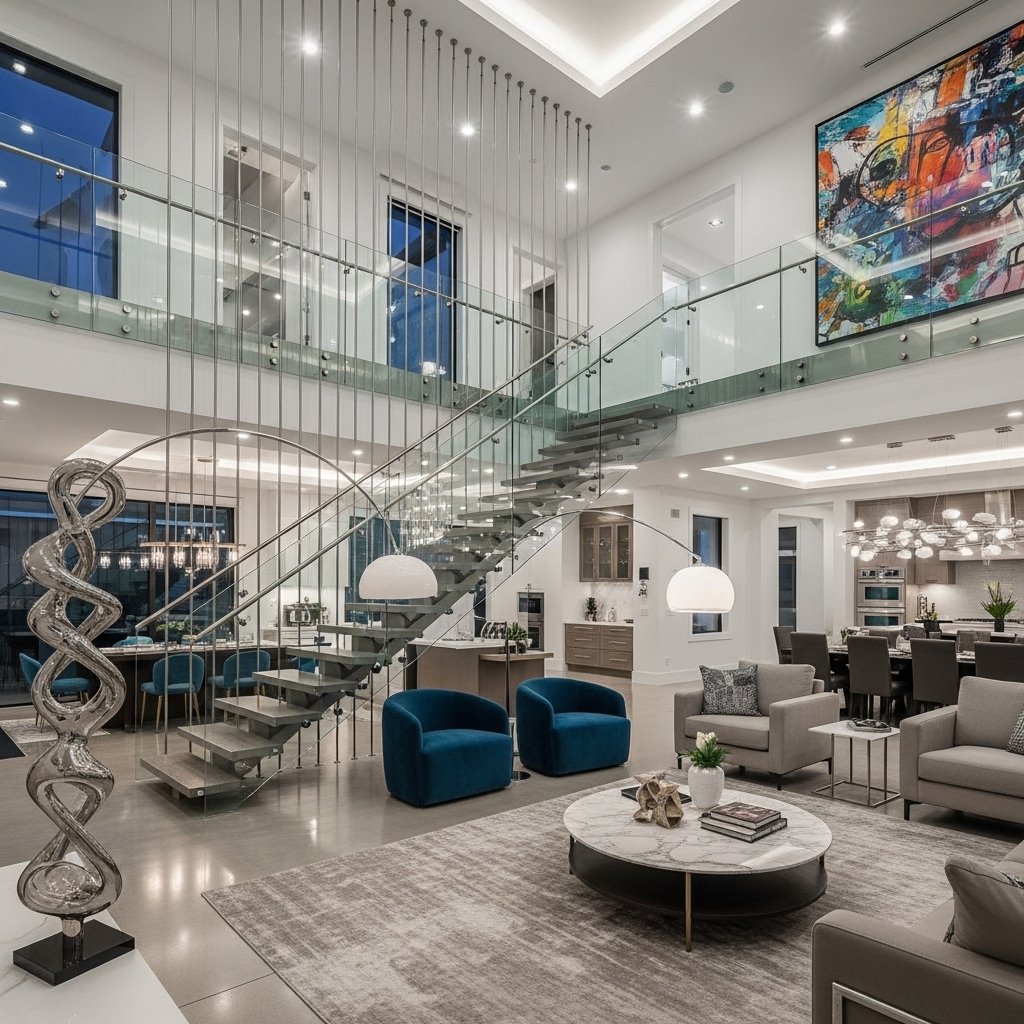 Open Concept Living Room with Statement Staircase