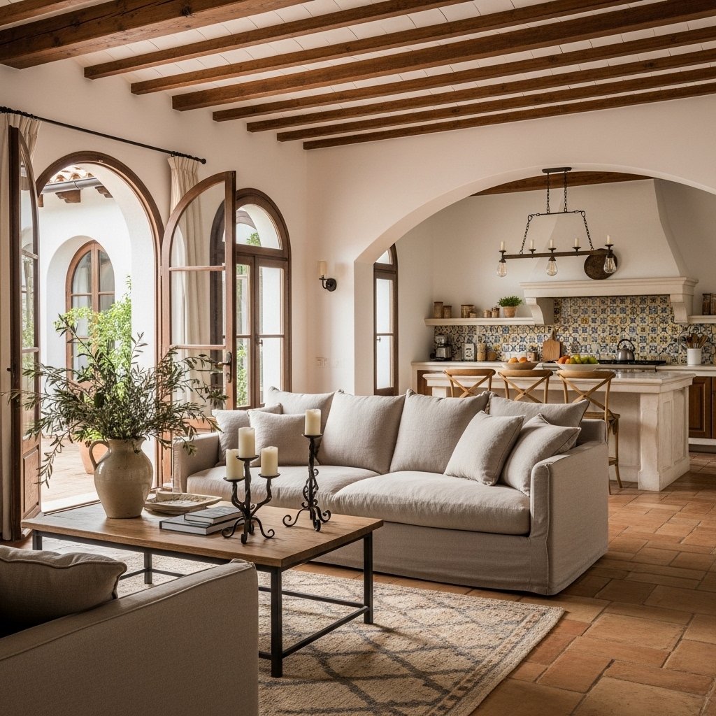 Warm Mediterranean Open Concept Living Room