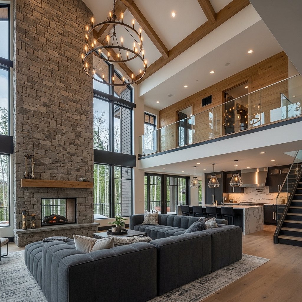 Dramatic Double-Height Open Concept Living Room