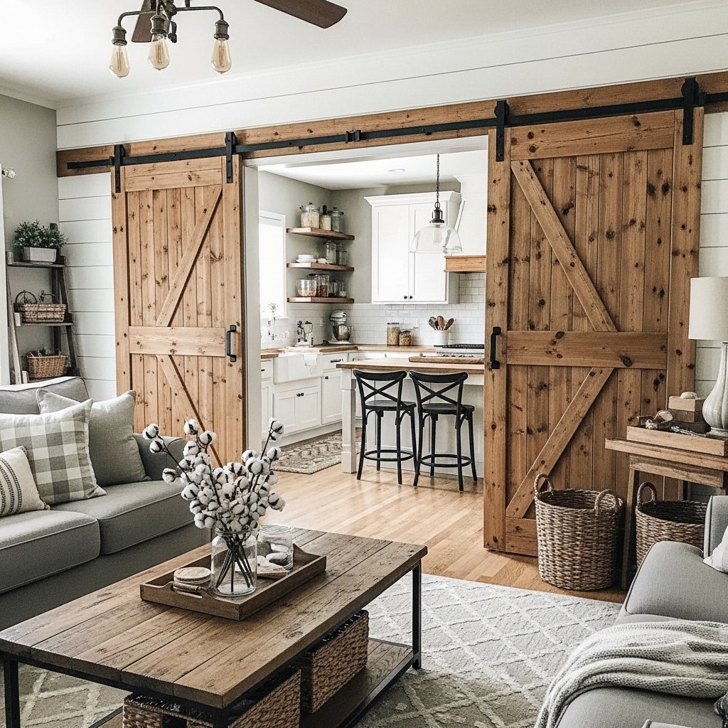 Open Concept Living Room with Sliding Barn Doors