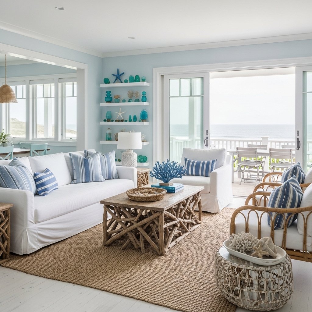 Coastal Open Concept Living Room