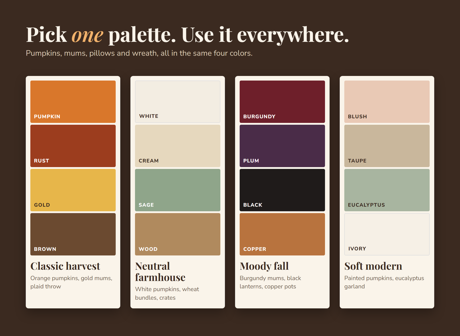 Four fall porch color palettes shown as paint chips: classic harvest, neutral farmhouse, moody and soft modern